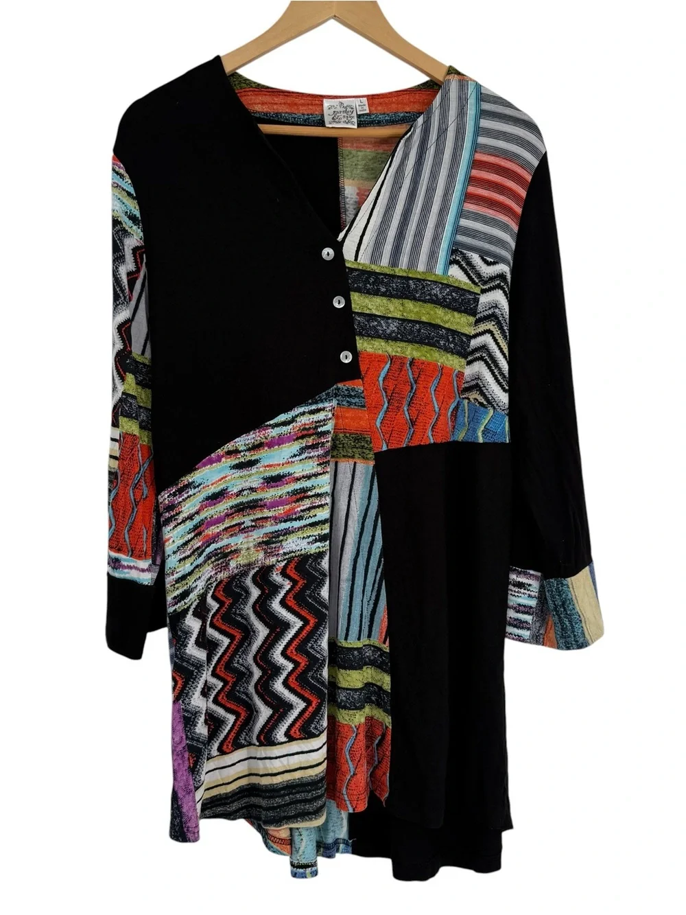Parsley & Sage Top Women Size L Abstract V-Neck Pullover Art-to-wear Black Tunic